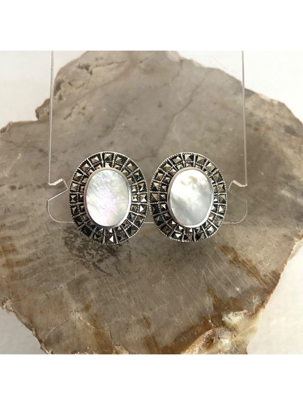 VTG Sterling Silver 925 Oval White Mother Of Pearl Marcasite Clip-On Earrings